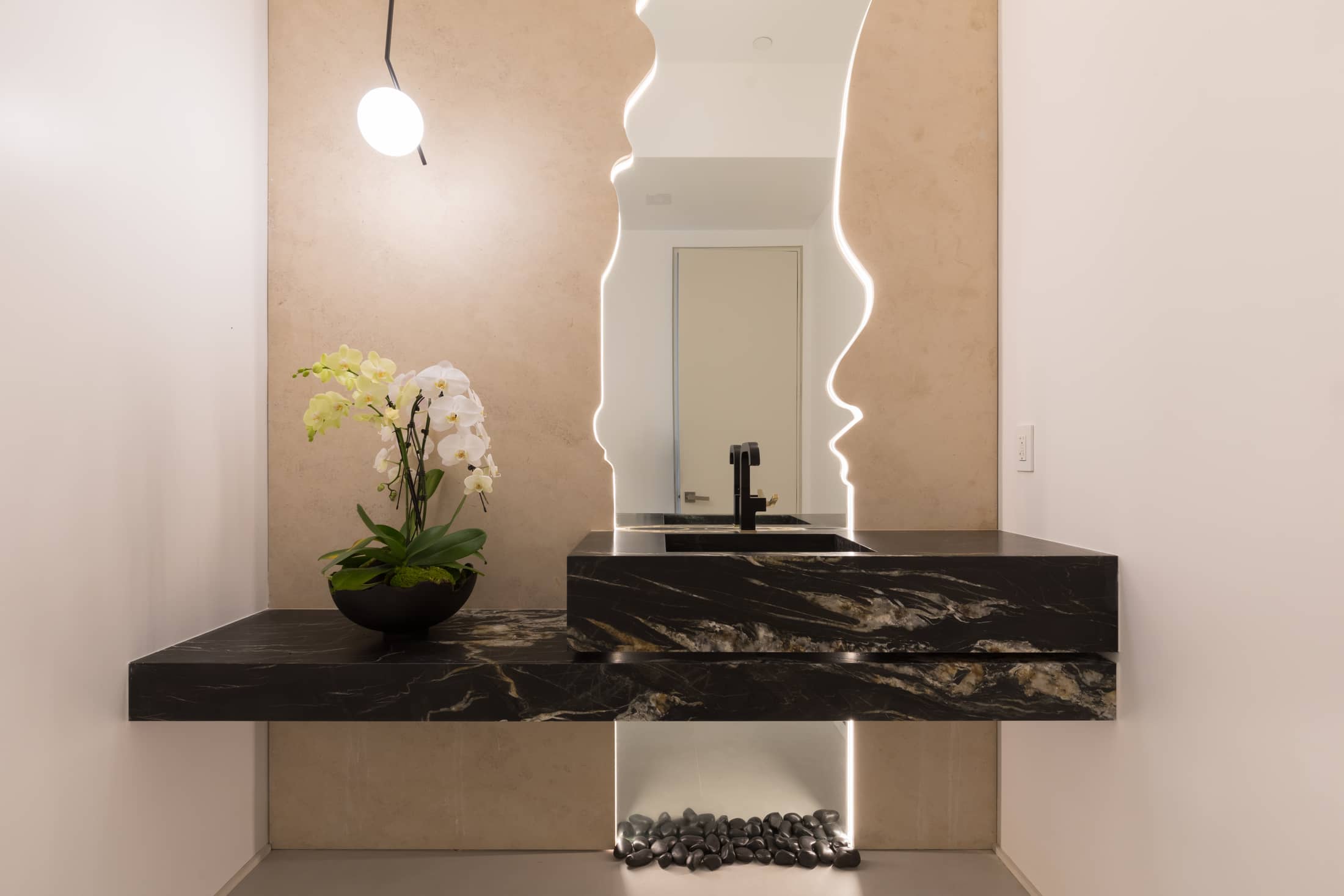 Zero-compromise luxury bathroom finishes in a completed Bay Area replacement home