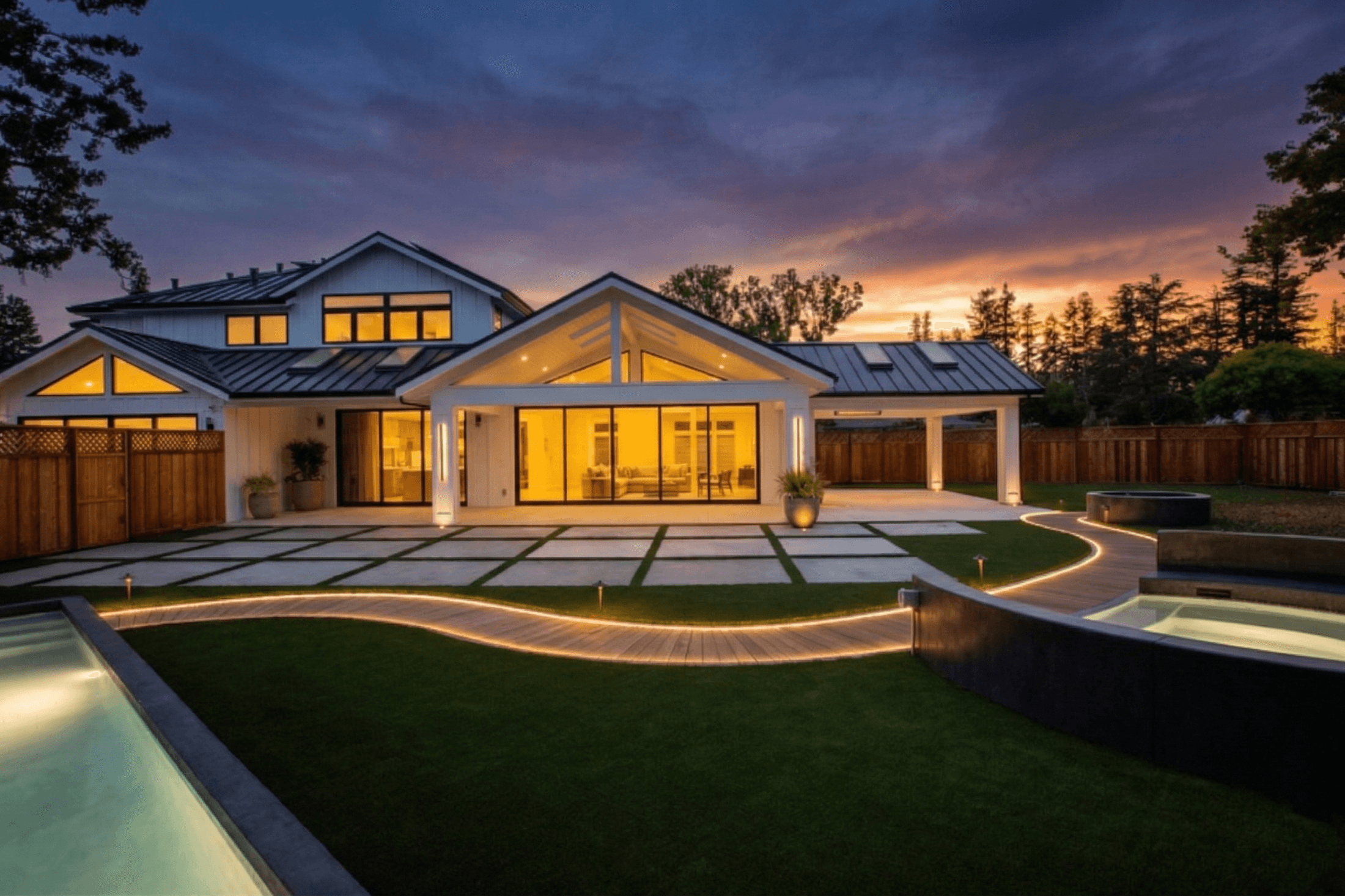 Exterior Shot of a Custom Luxury Home backyard in Atherton California